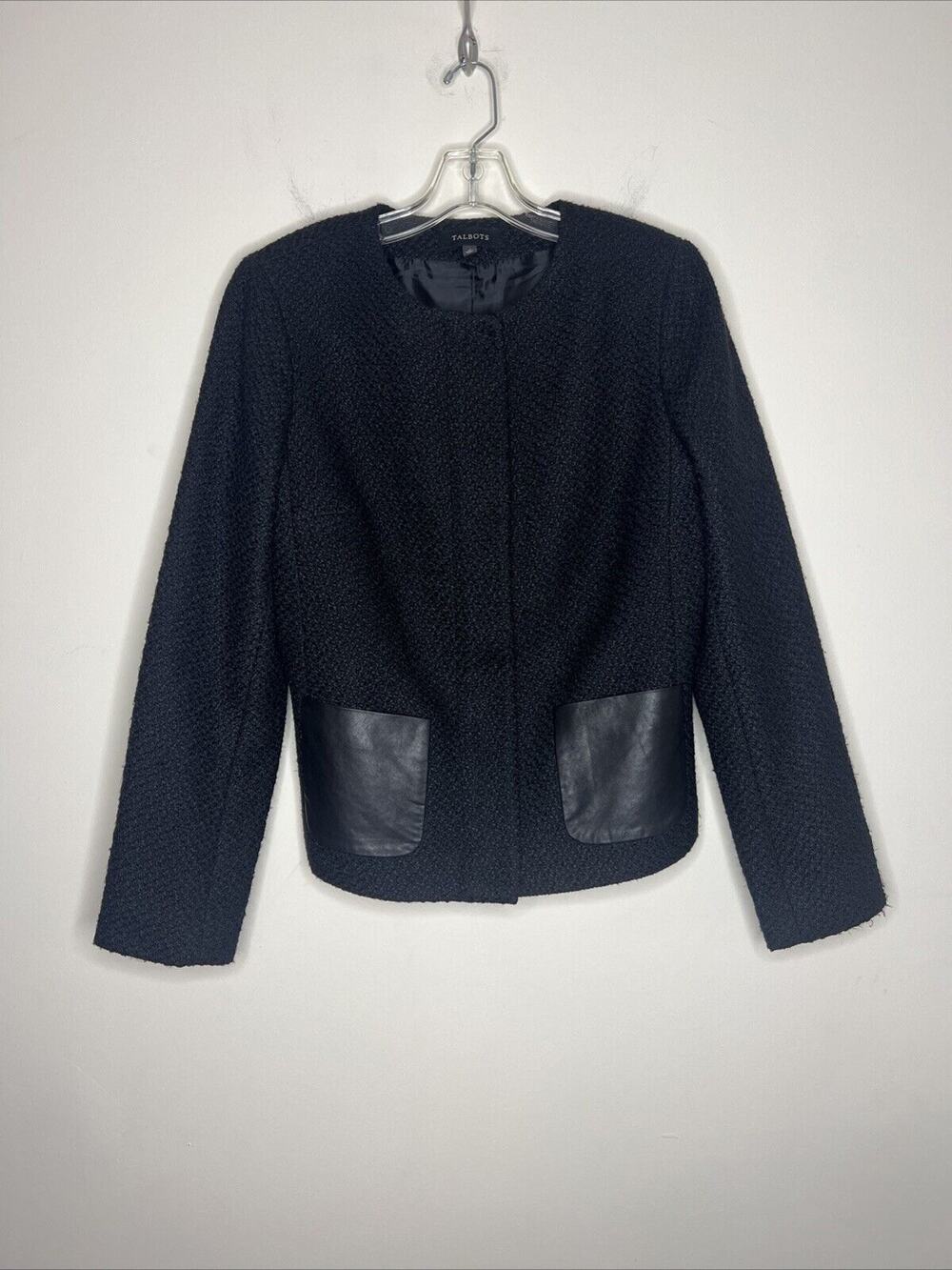 Talbots Womens Blazer Jacket Size 10 Black Tweed Faux Leather Trim Office Career